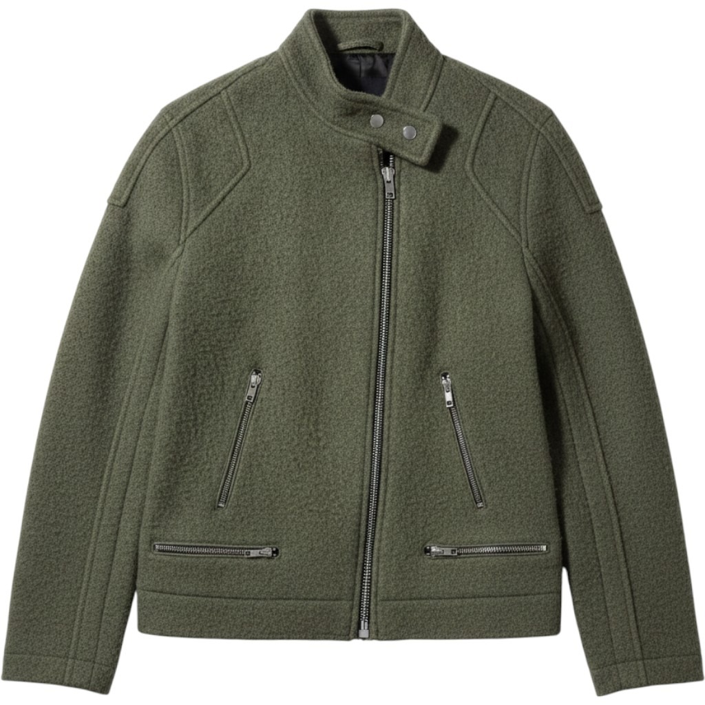 Zara Moto Jacket Women Small Olive Green Excellent Wool Blend Zip Biker Coat